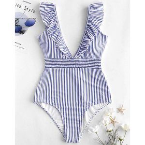 NEW Zaful Striped Ruffle One Piece Deep V-Neck Shirred Swimsuit - Size Medium M